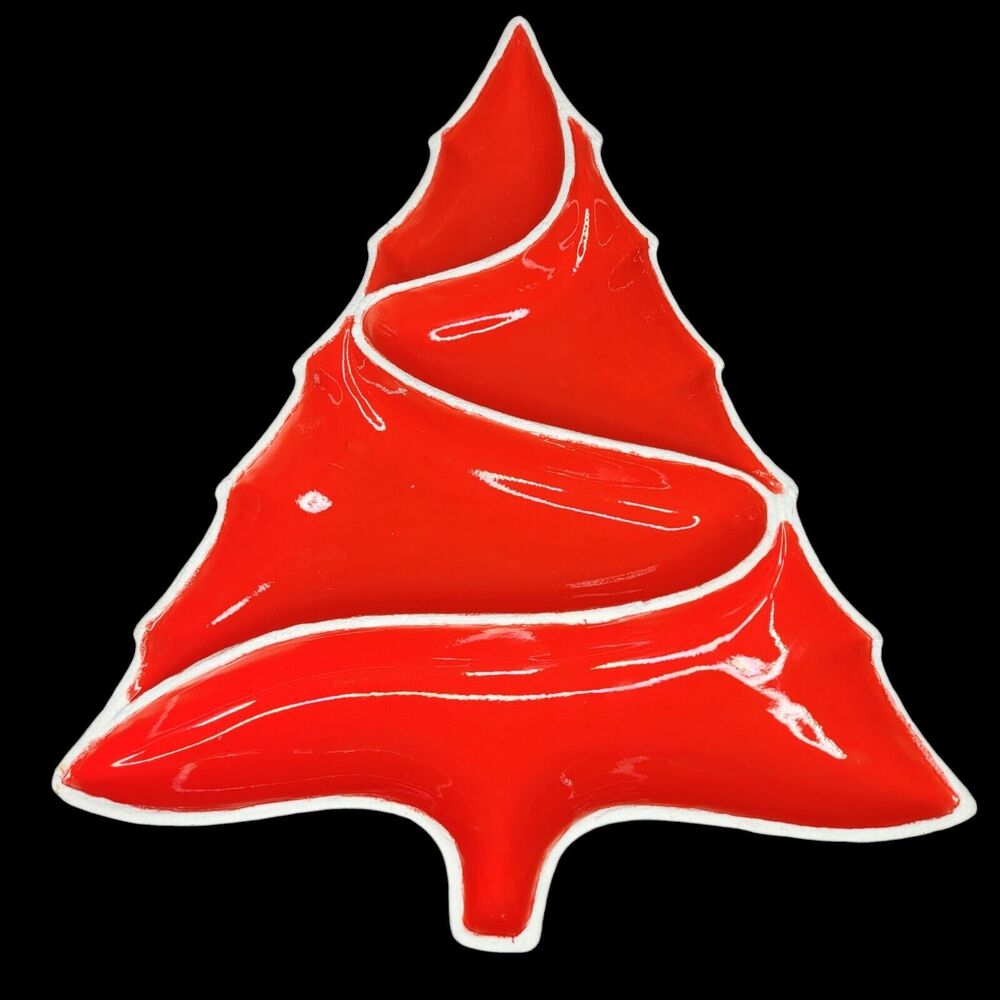 Vintage Ceramic Red Christmas Tree Divided Serving/Candy Dish Atlantic Mold MCM
